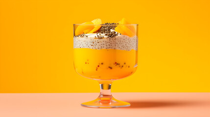 Mango and chia seed dessert in transparent glass isolated on orange background
