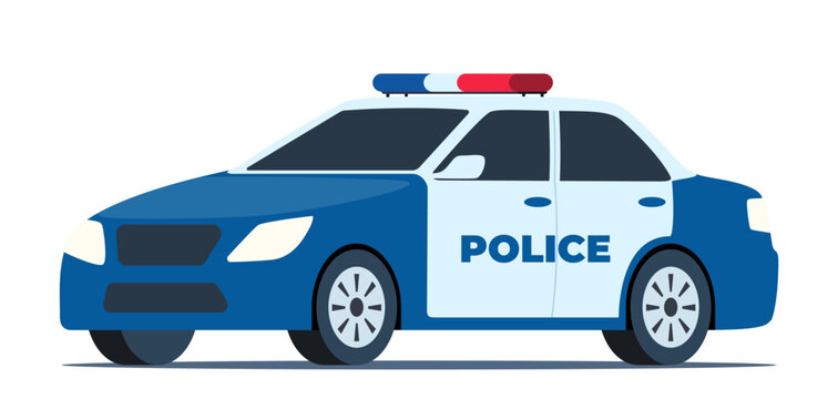 Police car. Patrol official vehicle, cop automobile chase and pursuit criminals. Side view. Vector illustration.