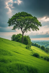 Obraz premium Lush meadow on hill with tree under cloudy sky