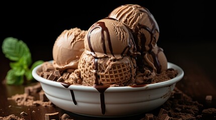 chocolate ice cream ball in bowl, chocolate piece 3d isolated Generative AI