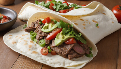 Homemade beef taco, grilled to perfection, on a rustic wooden table