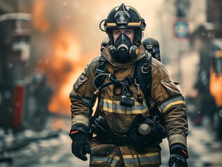 Portrait of fireman in uniform and helmet on fire background.