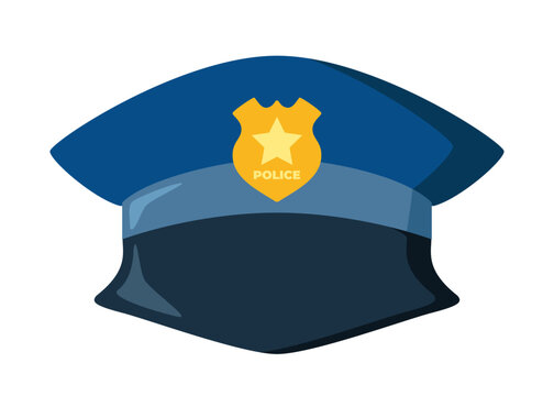 Police hat. Blue officer cop cap with black peak and police badge. Vector illustration.