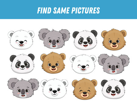 Find the same bears. Logical game for kids. Cartoon bear faces. Koala, teddy bear,panda,polar bear Vector illustration