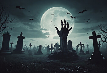 Rising undead hands in eerie nighttime cemetery scene. Halloween horror background with monstrous hands emerging from graves. Creepy graveyard atmosphere on spooky night. Fear-inducing night of terror