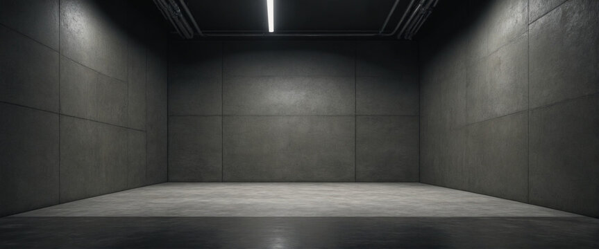 Shadowy and dingy cement wall and floor backdrop. Gloomy cement chamber. Wide layout. Creative algorithm.