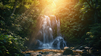 Fototapeta na wymiar A majestic waterfall in the middle of a serene forest with brilliant sunlight creates a mystical aura