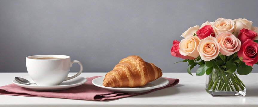 Croissant and Coffee with Floral Table Setting