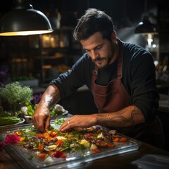 Night view culinary scene Male chef cutting vegetables, beautiful shot, under lighting generative AI