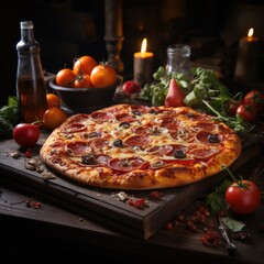 Nighttime delight Wooden table with more food items and a large pizza photo generative AI