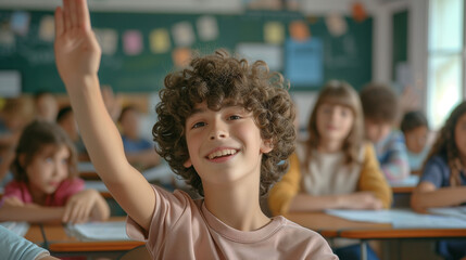 Fototapeta premium Eager Learner - Young Student Raising Hand in Classroom