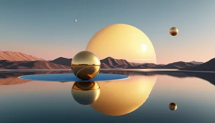 Deurstickers 3d render. Abstract minimal background of fantastic sunset landscape, golden glossy ball, saturn planet, hills and reflection in the water. Surreal aesthetic wallpaper © SR07XC3