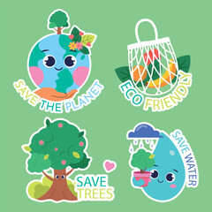 Save the world, ecology plant trees. Earth day stickers in cartoon style. Global world saving posters, ecology and environment care, support plants,  trees, water