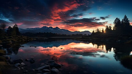 Sunset reflection sky mirrored in lake, beautiful sunrise image