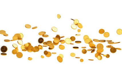 Golden coins cut out. Gold falling coin on transparent background