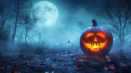 Naklejka premium Spooky Halloween Pumpkin in Moonlit Night,A carved Halloween pumpkin glows ominously under a full moon amidst a misty, eerie autumn night.