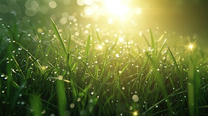 Fresh morning dew clings to vibrant green grass, illuminated by the golden rays of the rising sun.