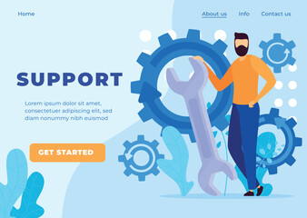 Man holding a wrench with gear wheels, tech support concept. Customer service page design for website. - obrazy, fototapety, plakaty