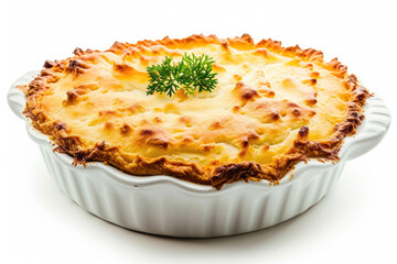 A classic Sheperd's pie skillfully layered and baked to perfection on white background
