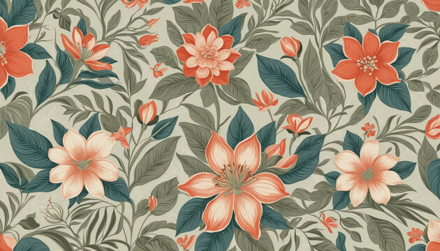 Luxurious floral pattern with exotic elements in soft hues. Ideal for fabric and prints, seamlessly repeated.