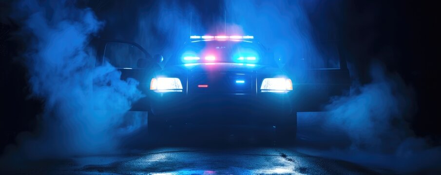 Strobe lights of police car at night
