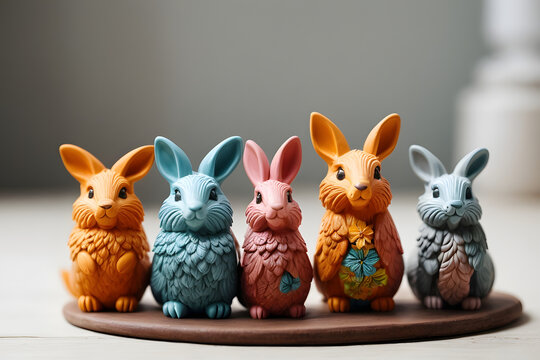 Rabbit figures made of clay and colorfully painted on white background