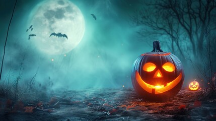 Spooky Halloween Pumpkin in Moonlit Night,A carved Halloween pumpkin glows ominously under a full moon amidst a misty, eerie autumn night.