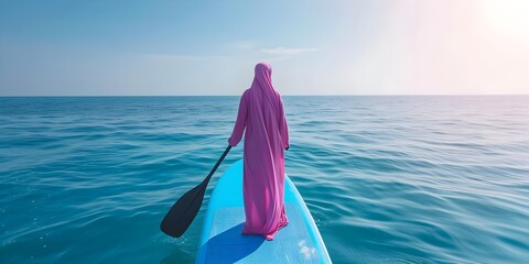 Woman in a purple hijab on a stand up paddle board in the sea. AI generated.