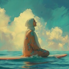 Young muslim woman sitting on surfboard in the sea. 3d rendering. AI generated.