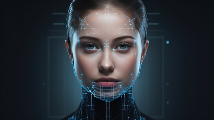 Face recognition technology scanning young businesswoman face biometric authentication, women scans Face ID for verified identities - obrazy, fototapety, plakaty