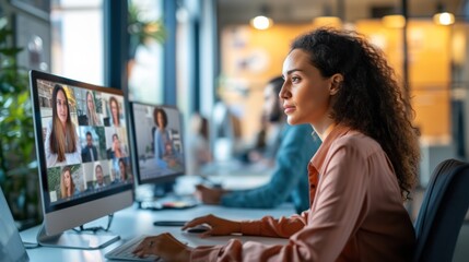 Woman talking to colleague team in video conference on computer, meeting online