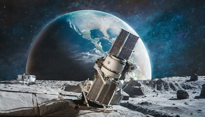 Interplanetary Gaze: Unar Space Shutter on the Moon with Earth Globe in Majestic View"