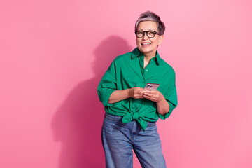 Photo of attractive pensioner woman instagram twitter facebook telegram dressed stylish green...