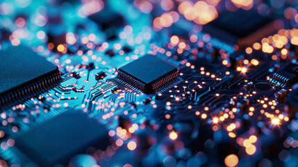 Technology digital binary data on microchip with glow circuit board. Digitalization of Neural Networking. Generative AI