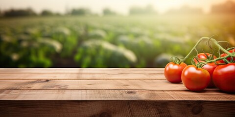 Tomato field background with wooden table top in daylight. - Powered by Adobe