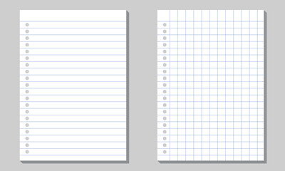 Set of illustration of blank sheets of square and lined paper .Realistic lined notepapers. 