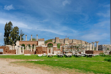 Fototapeta na wymiar roman forum ruins and castle in selcuk, izmir
