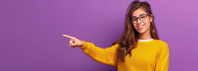 Woman pointing at an advertisement text on an purple background, billboard concept