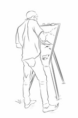 Sketch painter is painting outdoors with a white background