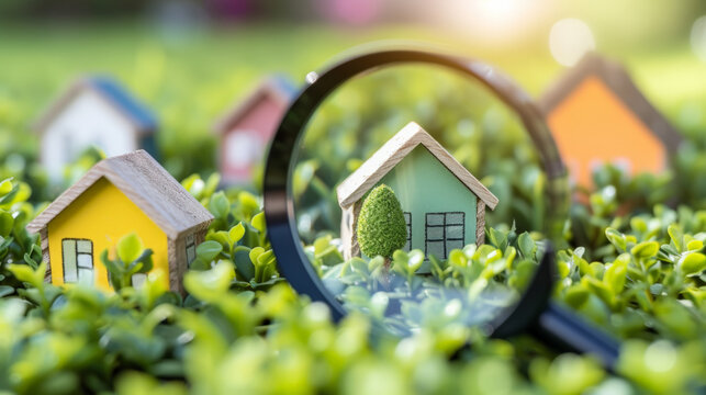 Concept de recherche de maison avec loupe. Choix d'un bien immobilier &agrave; acheter et &agrave; investir. 