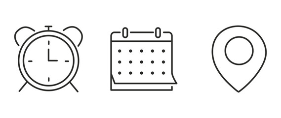 Vector flat illustration. Set of clock, calendar and geolocation icons. Gray icon on isolated on white background. Perfect for your creative idea.