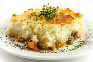 A Sheperd's pie on a clean white background