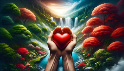 Digital illustration concept art of a hand hold heart with nature background