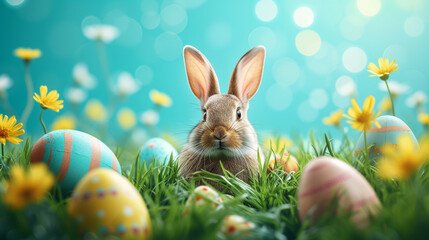 cute card background easter bunny with easter eggs