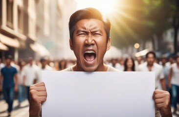 angry asian protester screaming with blank poster. activist protesting against rights violation. - obrazy, fototapety, plakaty