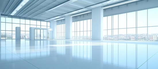 Interior of panoramic open space office with gray walls, concrete floor, large windows with cityscape and rows of white