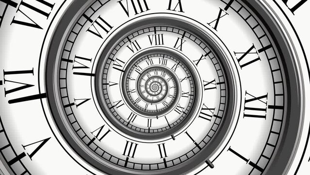 Spiral with clock watch dial horizontal. Metaphor of infinity of time. Transience of time. Limited life time. Conceptual video animation. High quality 4k footage
