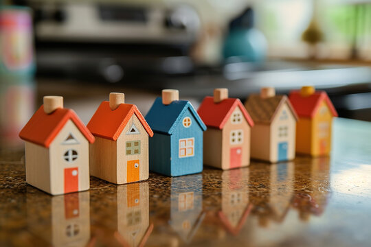 Mortgage crisis, toy wooden block houses in a row on the kitchen worktop,