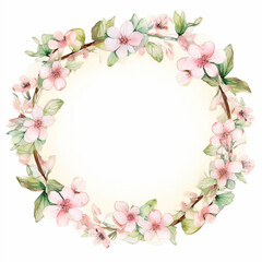 Cherry blossom floral frame, wedding invitation card, vintage style, flowers and leaves, watercolor illustration in pastel colors