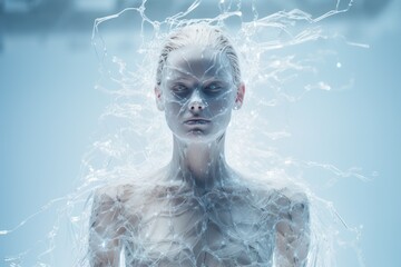 fantasy futuristic cyborg portrait with implanted high tech wires - obrazy, fototapety, plakaty
